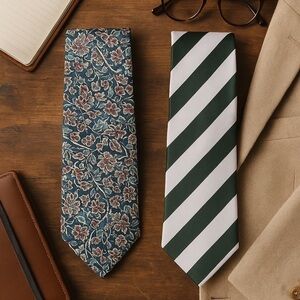 Men’s Silk Neckties Pair Blue Floral Oscar Dela Renta Green Stripe Bocara Preppy